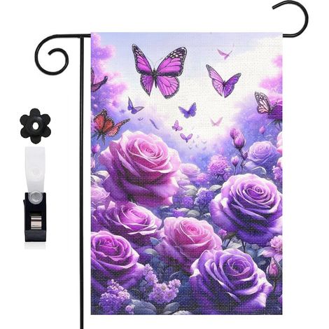 Drapeau de jardin roses violettes et papillons scintillants 30 x 45 cm décoration porche et entrée (1/5)