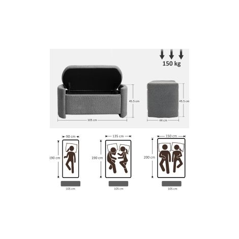 Banc coffre gris aspect velours avec assise rembourrée, couvercle et rangement, pour salon, chambre et entrée (1/5)