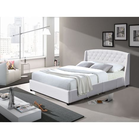 iris - Cama sólida y cómoda de 160x200 con somier con 4 cajones + cabecero de color BLANCO + patas de 4 cm - 2 x 13 lamas - revestimiento de PVC simil fácil de mantener - montaje rápido y fácil