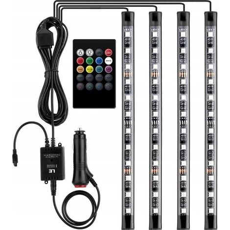 12V LED éclairage intérieur de voiture avec 4 pièces 48 RGB, 3 m de bandes LED multicolores de voiture, bande lumineuse contrôlable avec télécommande, éclairage étanche pour allume-cigare (1/5)