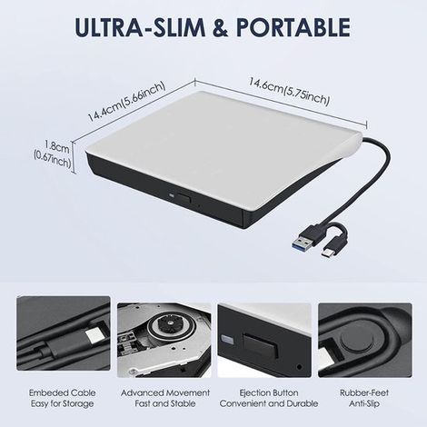 Lecteur externe，lecteur optique portable USB 3.0/graveur de CD (disques non inclus)，compatible avec Windows 10/11，Mac OS (blanc)