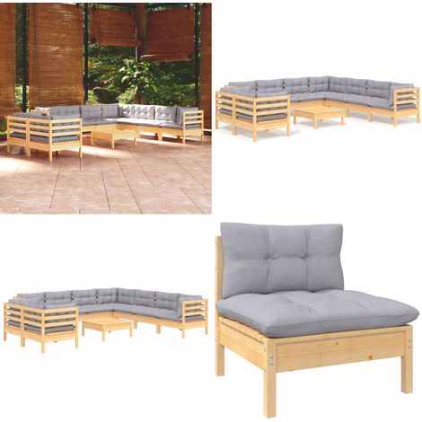 10-tlg. Garten-Lounge-Set mit Grauen Kissen Massivholz Kiefer - Gartenmöbeln - Lounge Set - Gartenmöbel Set - Kiefernholz Möbel - Outdoor Furniture - Home & Living (1/5)