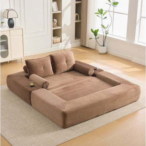 Sofá cama 180x98x80 cm marrón con portavasos, tejido de pana MEUBLIV (1/5)