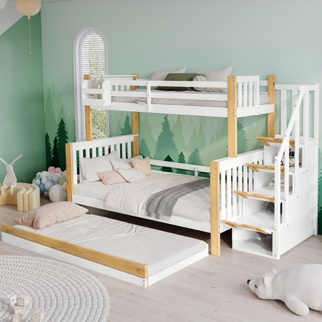 Lit superposé 90x200cm+120x200cm avec lit gigogne 90x190cm - lit enfant avec escalier de rangement - pin+MDF, blanc+naturel (1/5)