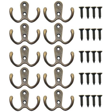 10 Pièces Crochet a Vis Double Métal Crochets et Patères Rangement pour la Maison étagères Tiroirs Casiers Bain(Bronze) (1/4)