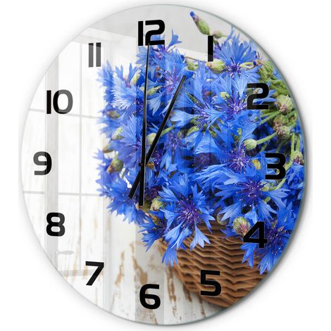 Horloge Murale Ronde Verre Décoratif Silencieuse Moderne Salon Cuisine Bleuets dans un panier fi 60 cm (1/5)