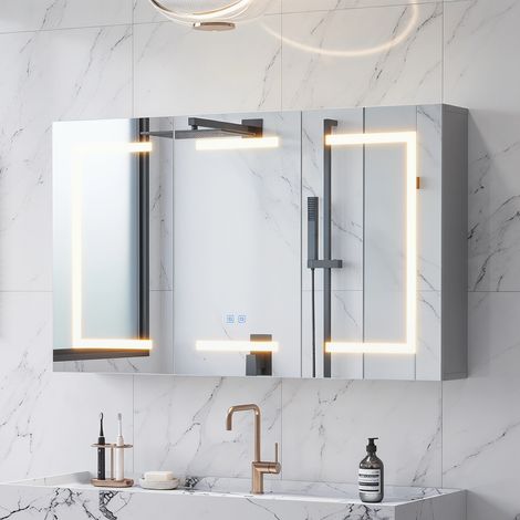 Armoire murale de salle de bain avec miroir LED tactile, 100x60 cm, meuble miroir salle de bain, 3 portes, prise électrique intégrée et ports USB, étagères de rangement- Blanc