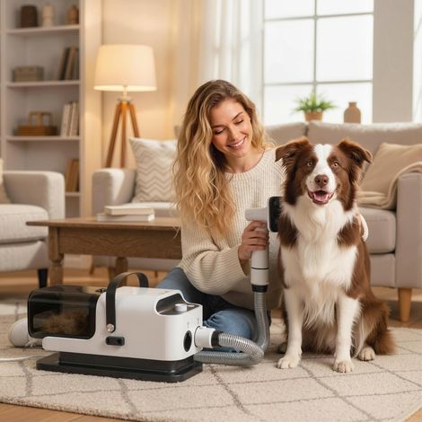 Máquina de cortar pelo para perros con aspiradora, máquina de cortar silenciosa con 5 herramientas de cuidado para perros, gatos y mascotas, blanca (1/5)
