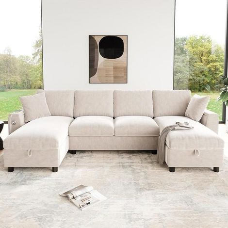 Canapé - KOMHTOM - Modèle U - Tissu chenille beige - Port USB & Type‑C - Coffre de rangement (1/5)