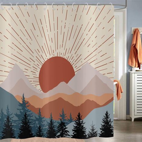Rideau de Douche Boho160x180, Mid Century Montagne Abstraite Coucher de Soleil Forêt brumeuse Rideau de Baignoire Moderne Minimaliste Géométrique Art (1/5)