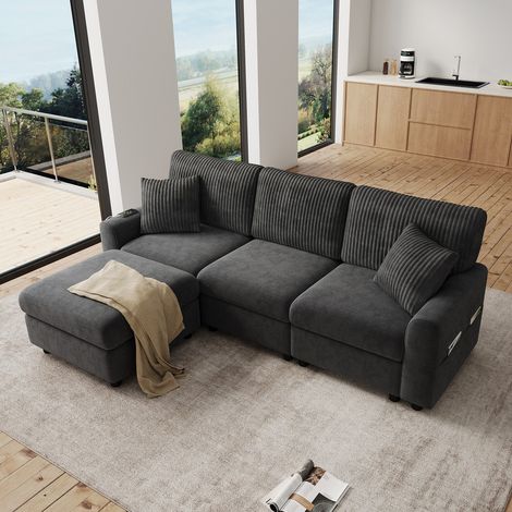 Canapé 3 places, canapé d'angle moderne avec 1 repose-pieds, 2 coussins carrés, 1 port USB et 1 port Type-C, noir (1/5)