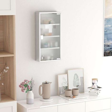 Armoire à Pharmacie 3 étagères 4 Niveaux 30L x 12l x 60H cm Porte Verre trempé Symbole Croix Acier Inoxydable brossé (1/4)