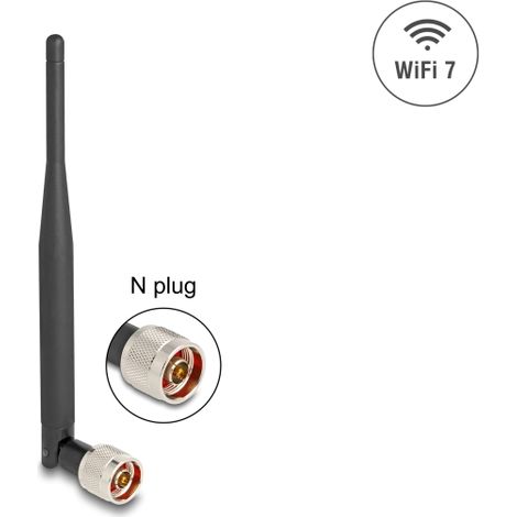 Delock WiFi 7 Antena N macho 2 - 3 dBi 20,6 cm omnidireccional con articulaciÃ³n basculante y material flexible negro