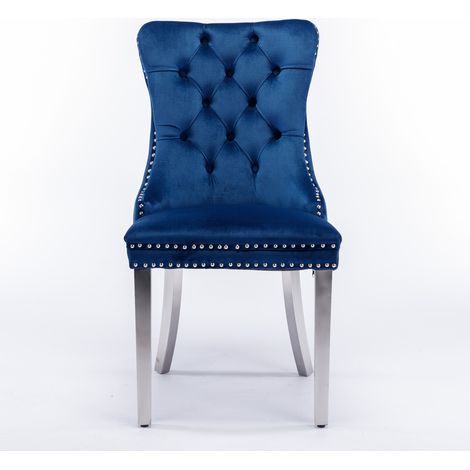Chaise de salle à manger en velours bleu avec structure bois massif et pieds chromés, lot de 2 (1/5)