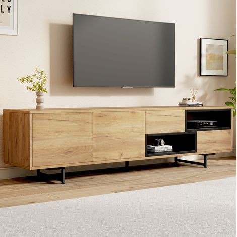 Mobile TV basso in legno con 2 cassetti, 2 vani aperti, 2 ante e gambe in metallo, 173 x 38 x 48 cm (1/5)