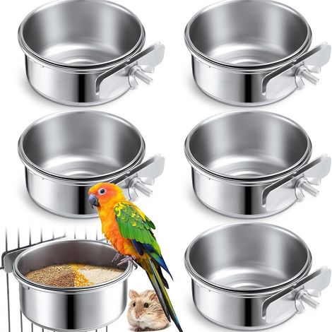 Mangiatoia per uccelli sospesa da 6 pezzi con supporto in acciaio inox per pappagalli e parrocchetti – ciotole per acqua e cibo per casette per uccelli, 10 cm x 4,5 cm, argento