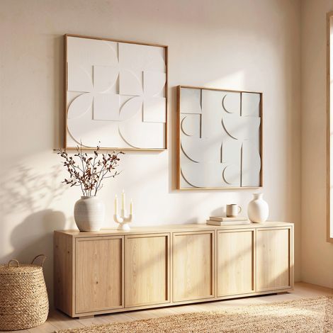 Set di 2 quadri astratti 3D, decorazioni murali geometriche in legno, per soggiorno, camera da letto, ufficio, 80 x 80 cm, bianco