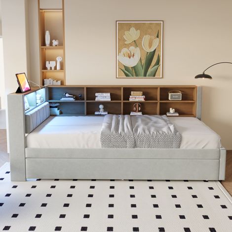 Canapé-lit gigogne 90x200 cm avec lit tiroir 90x190 cm, LED, prises USB Type-C, rangements, sommier inclus, sans matelas, gris clair (1/5)