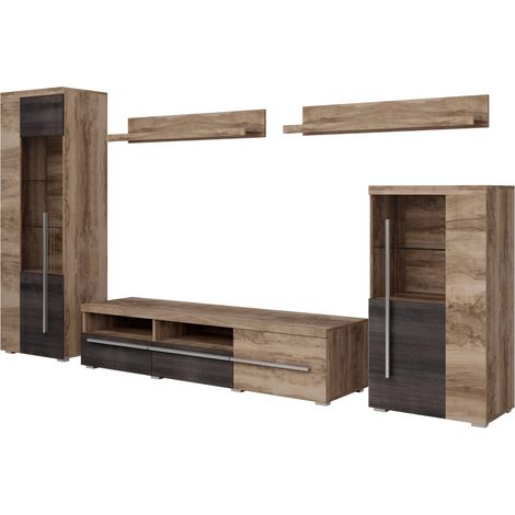 Composición mural BRAZZA – Vitrinas, mueble TV 160 cm y 2 estantes – Acabado en nogal satinado