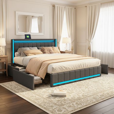 Cama 180x200 cm con 4 cajones, cama doble tapizada - iluminación LED USB/Type-C, canapé de láminas - diseño moderno, tejido de lino, Gris (1/5)