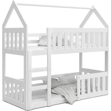 Lit superposé cabane mini 90x190 blanc – Structure en bois – Sommiers FLEX inclus – Barrière de sécurité – Vernis écologique – Kids Literie
