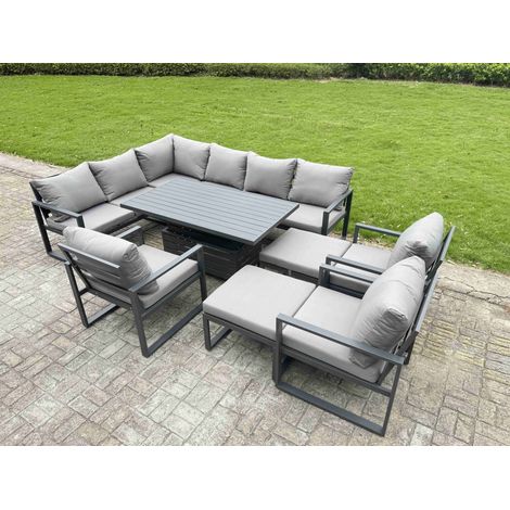 Fimous Aluminium Garden Furniture Sets,11 Seater Outdoor Conversational Dining Set with Adjustable Rising Lifting Dining Table,2 Big Footstools Dark Grey (1/5)