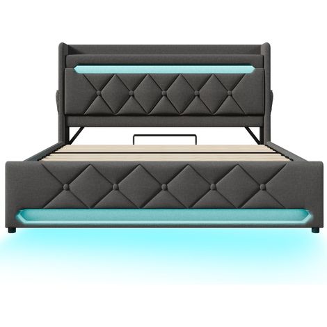 Letto matrimoniale 180x200 cm con contenitore idraulico LED USB e USB-C grigio in lino HOMVRA (1/5)
