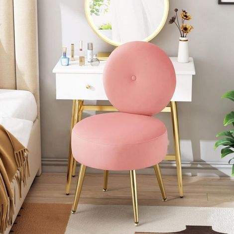 Chaise de coiffeuse en velours rose, avec pieds et dossier en métal, idéale pour le salon ou la chambre. (1/5)