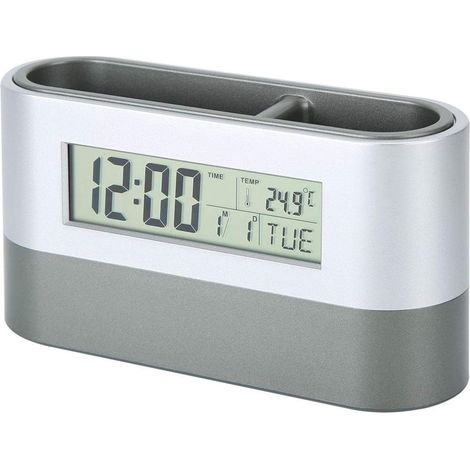 Portapenne elettronico e calendario retroilluminato, sveglia digitale LCD con termometro e organizer da scrivania. (1/5)