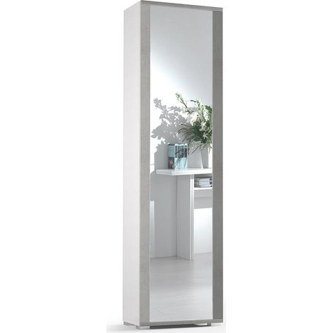 Kiamami Valentina – Armoire haute 182cm en béton gris avec miroir – Colonne multifonctionnelle à 7 étagères réglables – Profondeur 32cm, largeur 50cm