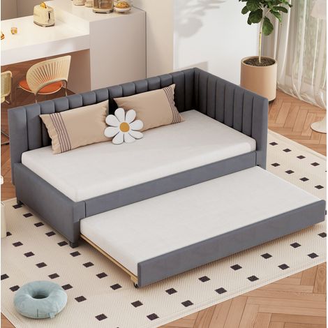 Divano letto estraibile 90x200 cm grigio in velluto con rete a doghe (1/5)