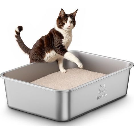 Katzentoilette aus Edelstahl, 50 x 35 x 15 cm, geruchsdicht, für große Katzen und Kaninchen (1/5)