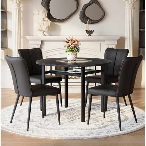 Conjunto de comedor MDF y vidrio negro con mesa redonda Ø100 cm y 4 sillas de PU negro con patas metálicas (1/5)