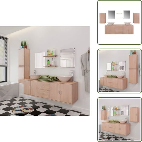 Espejos de baño - vidaXL Conjunto de muebles de baño y lavabo 9 piezas beige - Estantes de baño