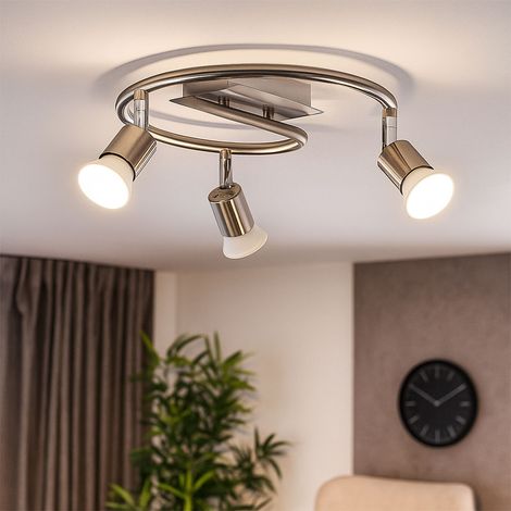 Plafoniera Faretto Plafoniera Lampadario a soffitto con spot mobili, acciaio spazzolato, asta di supporto curva, argento, 3x GU10, P 50 cm