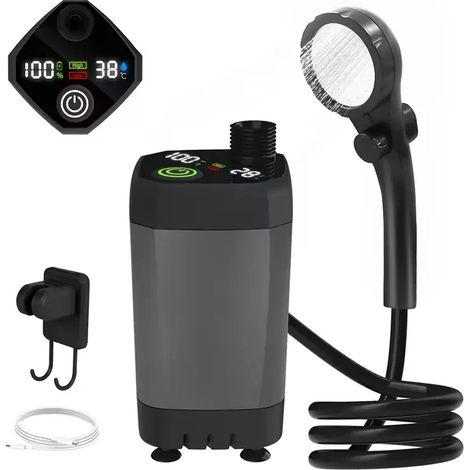 (Gris) Pompe de douche de camping portable 6000 mAh rechargeable avec affichage LED intelligent et kit de douche étanche (1/4)