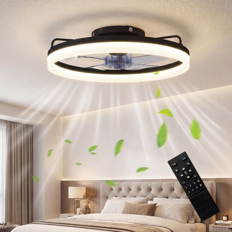 Ventilateur de plafond LED noir 50 cm, moteur DC silencieux réversible, 6 vitesses, télécommande et minuterie