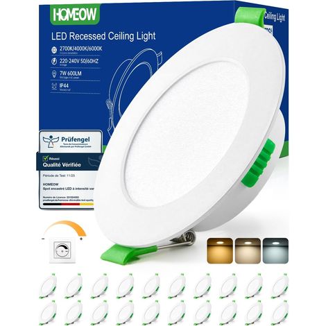 Lot de 20 Spot LED Encastrable Dimmable 7W 220V, IP44 Etanche Trou 75mm - 90mm, Spots de Plafond Extra Plat, Spot Salle de Bain, Reglable Blanc Chaud 2700K Neutre 4000K Froid 6000K (1/5)