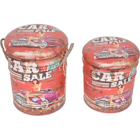 Set 2 Pouf Contenitore Tondo in MDF Rosso (1/3)