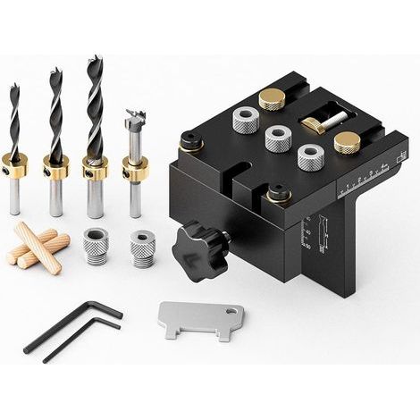 6/8/10/15 mm Kit de Gabarit de Positionnement 3 en 1 Localisateur de Guide de Perçage Cheville Bois Réglable avec Clip de Positionnement Kit de Gabarit de Goujon pour le Travail du Bois Exact