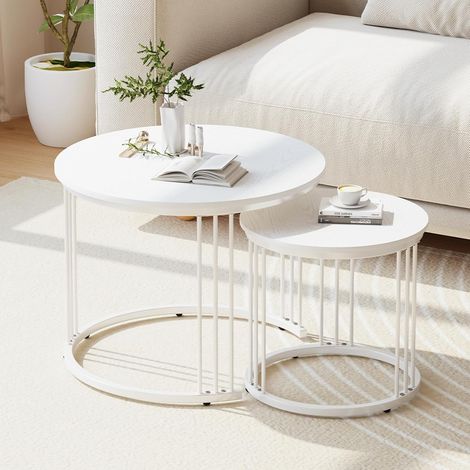 Lot de 2 Tables Basses Rondes en Bois Blanc - Table d'Appoint Moderne - Table Basse Gigogne Extensible 60x45 cm et 40x40 cm - Pieds Métal Robustes - Protection Sol (1/5)