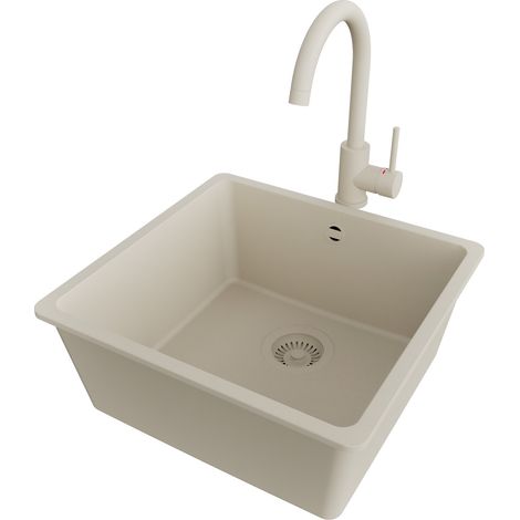 PRIMAGRAN Evier Cuisine en Granit 46x44cm,Lavabo 1 bac + Robinet 32x20cm + Kit de Vidage, Évier à Encastrer au meuble 50cm - Venise Slim Easy, Beige (1/5)