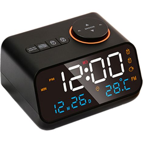 Sveglia digitale con ampio display a LED, regolazione della luminosità 0-100%, radio FM, timer di spegnimento, generatore di suoni, doppia sveglia, funzione snooze e termometro per adulti, anziani e b