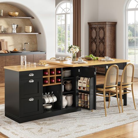 Tavolo bar allungabile 120-197 cm con vano contenitore, piano girevole a 360°, isola cucina per piccoli spazi, MDF nero (1/5)