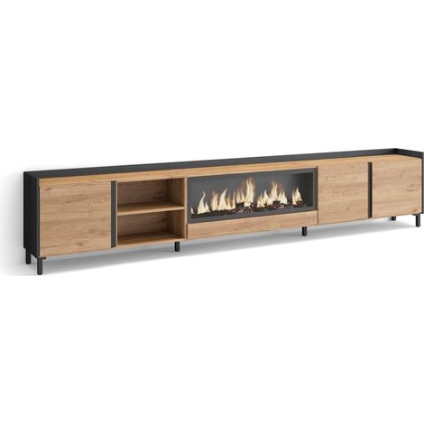 Skraut Home - Meuble TV, Banc Télé, Grand espace de Rangement, 315x35x61cm, Pour les TV jusqu'à 80", Cheminée électrique XXL, Design industriel, Style moderne, Chêne et noir (1/5)