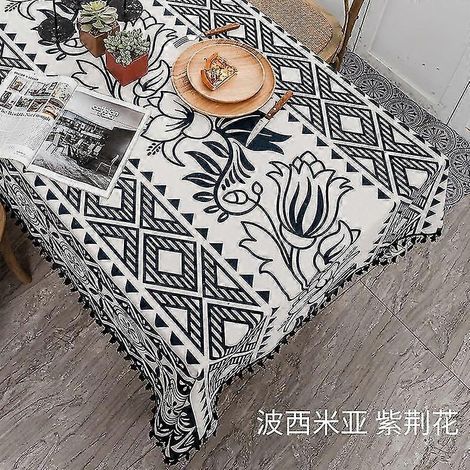 Nappe bohème (90 x 90 cm) en coton et lin, jetable, style ethnique, à pompons rectangulaires, imperméable et résistante à l'huile. (1/5)