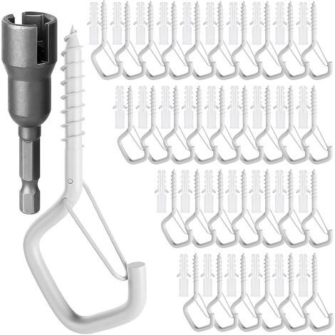 Lot de 50 Crochet à Vis en acier inoxydable, Crochet Plafond avec Loquet de Sécurité, Piton à Visser Crochets muraux pour Suspendre des Plantes, des Lumières, Blanc (1/5)