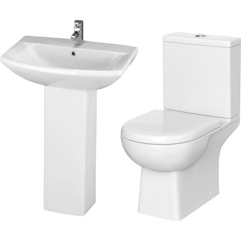 Balterley Destin Suite: Close-Coupled Toilet with Dual-Flush Cistern, Soft-Close Seat & 600mm 1 Tap Hole Basin with Full Pedestal