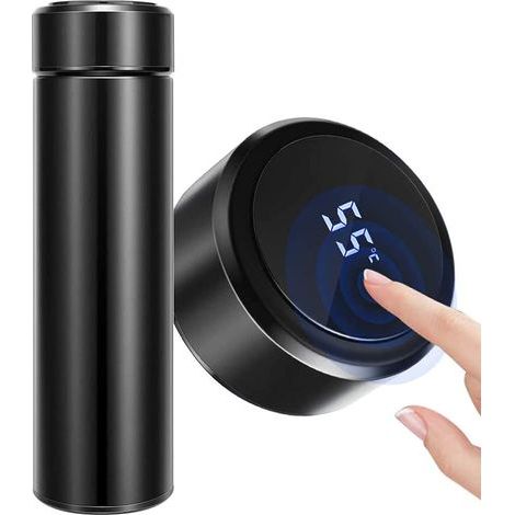 Bouteille isotherme de 500 ml en acier inoxydable 304, avec écran tactile LED pour l'affichage de la température et fermeture hermétique. Idéale pour les boissons chaudes et froides (noire). (1/4)