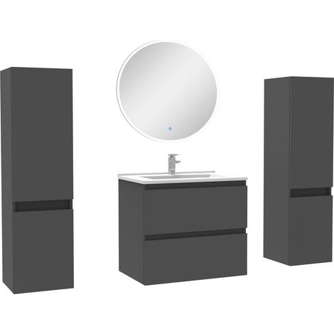Ensemble meubles Salle de Bain avec colonne + miroir rond mural 60cm meuble Anthracite